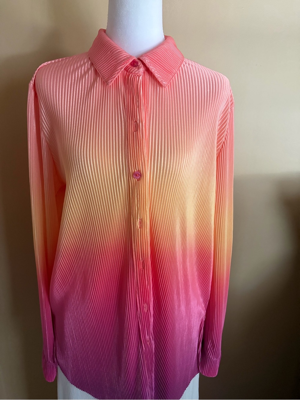 Gradient Ombre Pleated Button-Down Shirt - Pink, Yellow